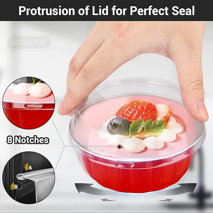 EUSOAR Cake Container, 50pcs 9oz Red Aluminum Pan Carrier with Lid, Disposable Foil Ramekins Oven Safe Cupcakes Bread Pudding Mini Loaf Round Holders Pans with Lids for Wedding Birthday Theme Party