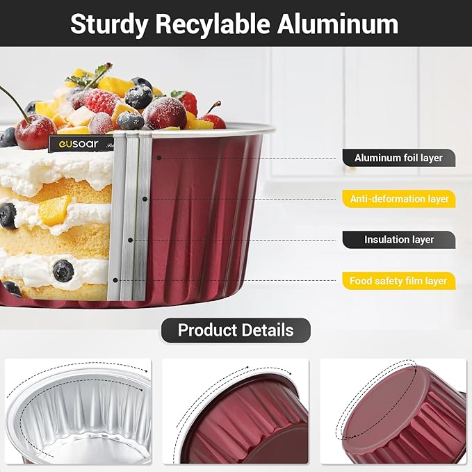 EUSOAR Disposable Creme Brulee Ramekins, 30pcs 5oz Disposable Aluminum Foil Cupcake Liners Ramekins Baking Cups, Dessert Cups with Lids Mini Aluminum Cheesecake Bundt Cake Pan-Wine Red