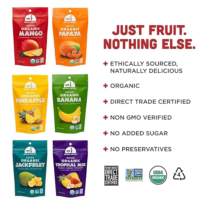 Mavuno Harvest Organic Dried Fruit Variety Pack | Dried Mango, Papaya, Pineapple, Banana, Jackfruit, & Tropical Mix | Healthy, Vegan, No Sugar Added, Non GMO Snacks for Kids & Adults | 2 Ounce, 6 Pack