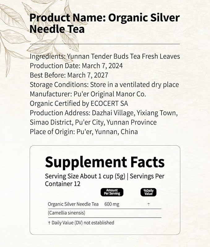 YUANSHENG Premium Organic White Tea,Chinese Silver Needle Loose Leaf White Tea, Premium Silver Tips Loose Leaf Tea With Pekoe Flavour, Rich in Antioxidants, 2.1 Oz