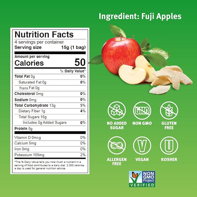 Crispy Green Natural Freeze-Dried Fruit, Apple Single-Serve, No Sugar Added, 0.53 Ounce (Pack of 12)