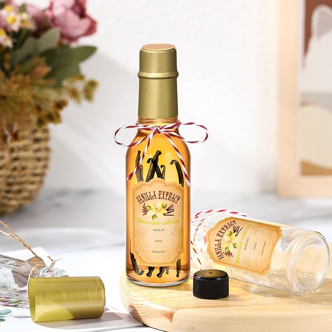 Tioncy 16 Pcs Vanilla Extract Bottles for Homemade Vanilla Jar Glass Bottle with Cap, Shrink Band, Sticker Syrup Gift Food Storage Canister for Bean Sauce Spice(Gold,5 oz)