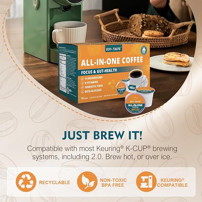 Decaf Mushroom Coffee K Cup – Focus & Gut-Health with 14-Mushrooms, Vitamins, L-Theanine and Alpha GPC, Single Serve Pods - No Crash or Jitters, 16 Count