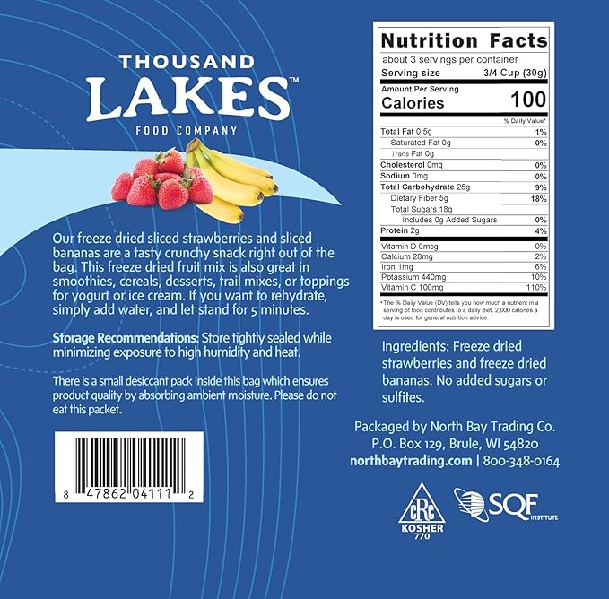 Thousand Lakes Freeze Dried Fruit - Strawberries and Bananas - 3 oz | No Sugar Added | 100% Fruit | Sliced for Snacking
