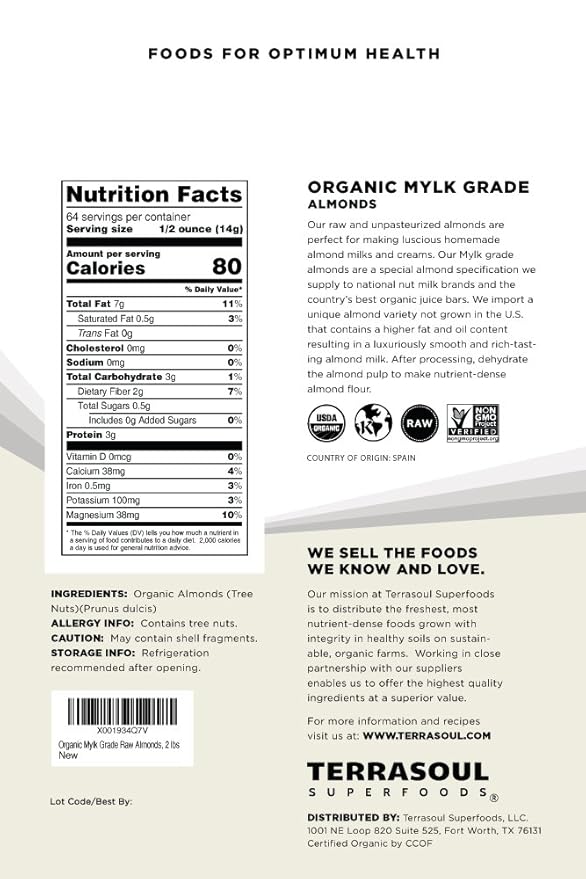Terrasoul Superfoods Raw Unpasteurized Organic Almonds (Mylk Grade), 6 Pounds