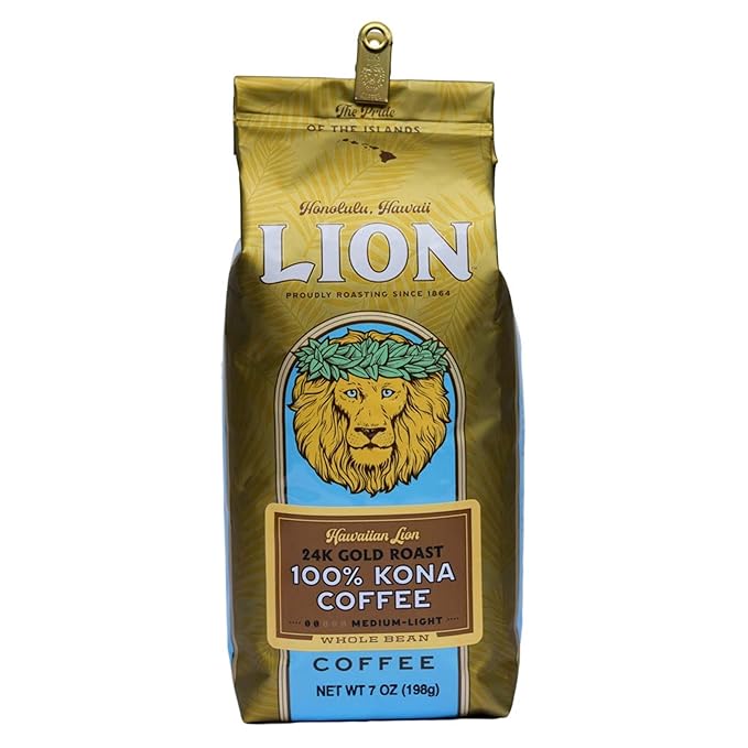 Lion Coffee 24K Gold Roast 100% Kona Ground Coffee, Medium-Light Roast, A Taste of Aloha - 7 Ounce Bag
