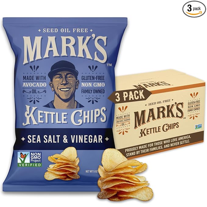 MARK???Kettle Cooked Avocado Oil Potato Chips, Sea Salt & Vinegar ??Seed Oil & GMO Free | Sea Salt and Vinegar, 5 oz (Pack of 3) | Gluten Free, Non-GMO, Chips for Clean & Healthy Snacking