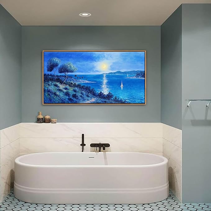 Large Painting Wall Art Blue watercolor Ocean Picture for Living Room Coastal Home Bedroom Decoration sailing boat Framed Artwork Decor 24횞48IN