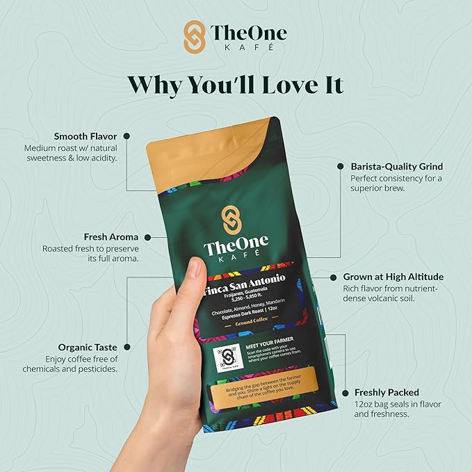 TheOne Kafé Guatemala Dark Roast Ground Coffee ??Organic, Single Origin, Premium Specialty Coffee and Ethically Sourced ??Fresh Roasted for Espresso, Drip, Pour Over ??12 oz (Pack of 2)