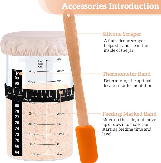 Sourdough Starter Jar Kit, 40 OZ 2 Pack Sourdough Starter Jar with Date Marked Feeding Band, Thermometer, Scraper, Sewn Cloth Cover and Metal Lid. Sour Dough Bread Baking Supplies