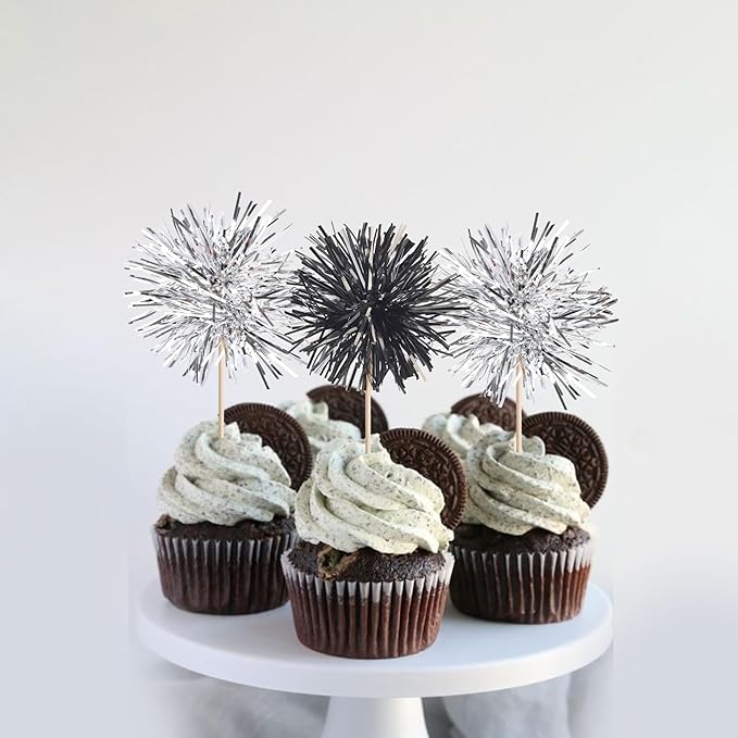 40 PCS Foil Firework Cupcake Toppers Sparkle Tinsel Cupcakae Picks Foil Firework Party Decorations Cocktail Fruit Toothpick for Fireworks Theme Birthday Wedding Graduation Party Decor Black Silver