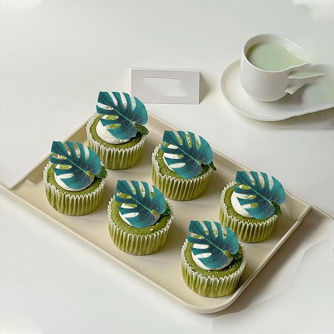 48 Pack Edible Tropical Turtle Leaf Cupcake Toppers Palm leaves Cake Picks for Summer Jungle Theme Baby Shower Kids Birthday Cake Decorations Party Supplies