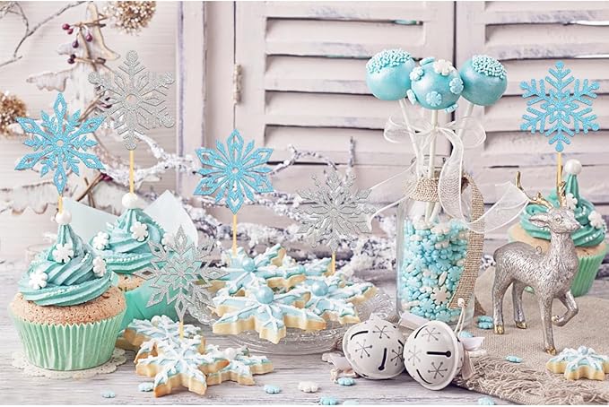 24PCS Glitter Snowflake Cupcake Toppers for Snowflake Decorations, Frozen Snowflake Cake Topper, Christmas Snowflake Cake Picks for Winter Decorations (Blue)