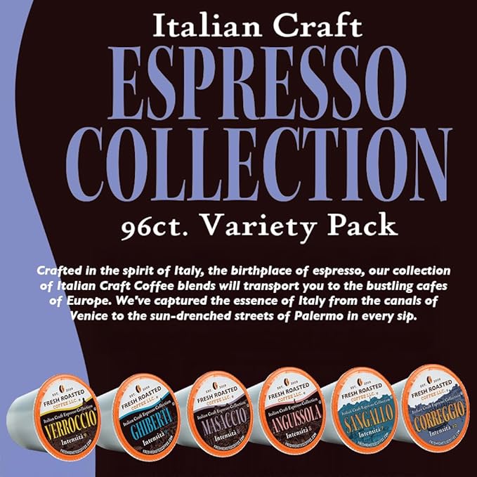Fresh Roasted Coffee, Italian Craft Coffee Variety Pack, Artisan Blend, Dark Roast, Kosher, 96 Pods for K cup Brewers
