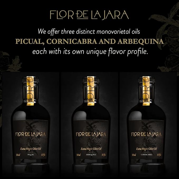 FLOR DE LA JARA Premium Extra Virgin Olive Oil from Spain, First Cold Pressed, Polyphenol-Rich, Monovarietal Cornicabra, Hand-Harvested Olives, Family-Owned Grove, Low Acidity (0.27%), 16.9 fl oz (500ml)