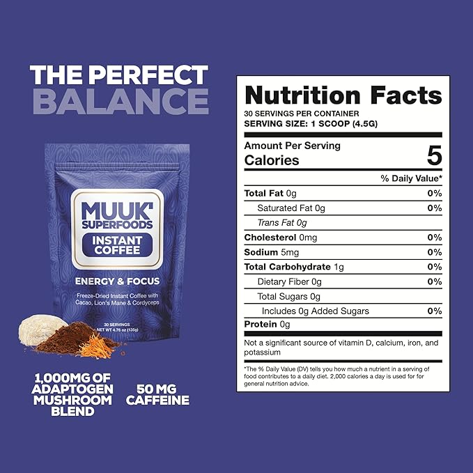 MUUK' SUPERFOODS | Energy & Focus Mushroom Coffee | Organic Freeze-Dried Instant Coffee with Cacao, Cordyceps & Lion’s Mane Mushroom Powder | 4.7oz (135g) 30 Servings