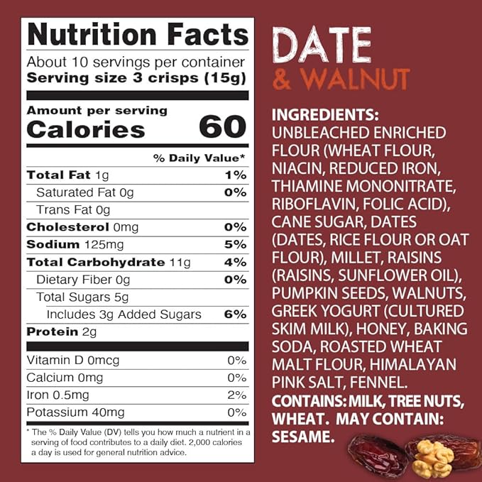 Kii Naturals Artisan Crisps, Healthy Snack Crackers for Cheese, Meats, Spreads, Charcuterie Board - Non-GMO, Kosher, No Preservatives, Hand-Crafted - Date & Walnut, 5.3 Ounce (Pack of 1)