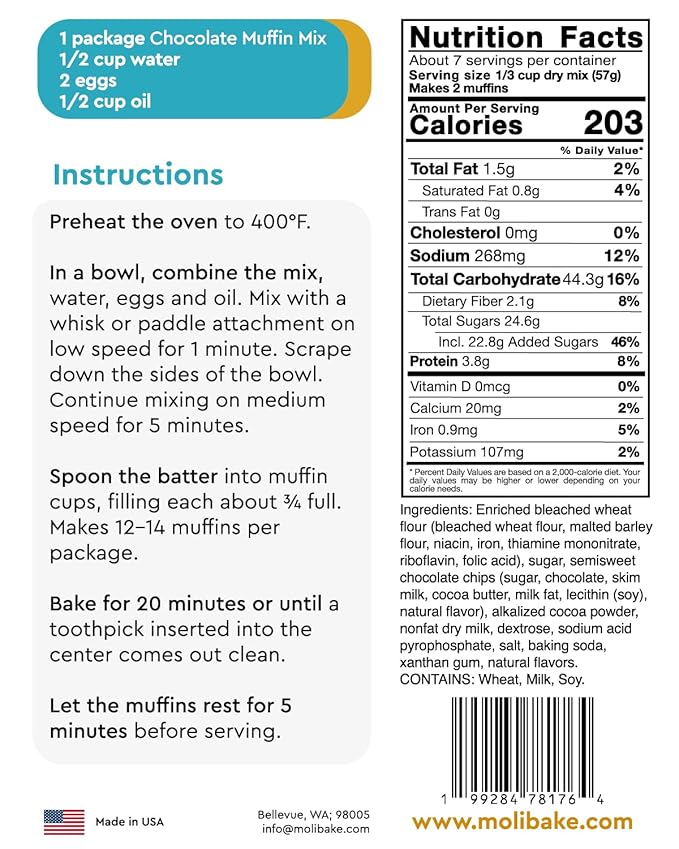 Molibake Chocolate Muffin Mix - Pack of 1 ??Premium Chocolate Muffins Baking Mix with Cocoa Powder and Real Chips for Home Oven and Maker ??14 oz ??Easy-to-Use Mix for Fluffy, Bakery-Style Homemade