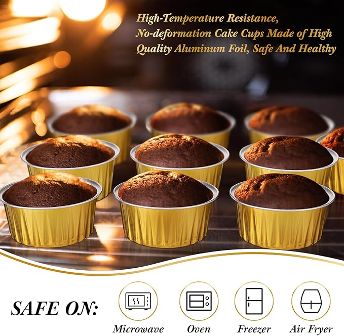 Gejoy 400 Pcs Aluminum Foil Baking Cups with Lids 5 oz Disposable Ramekins Mini Cake Pans Creme Brulee Cupcake Liners Muffin Tins Flan Mold Dessert Container for Wedding(Gold,Classic)