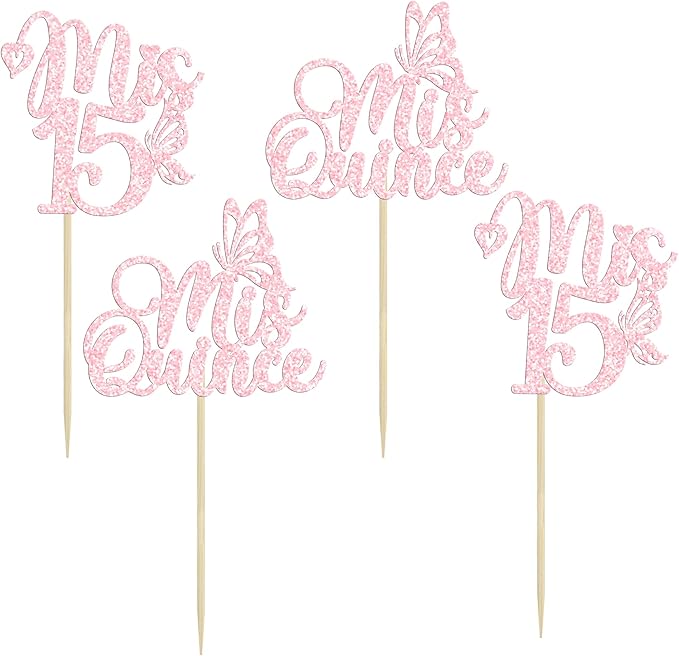 Gyufise 24Pcs Mis Quince 15 Cupcake Toppers Glitter 15th Birthday Cake Toppers Fifteen Dessert Decor Cheers to 15 Years Party Decorations Light Pink