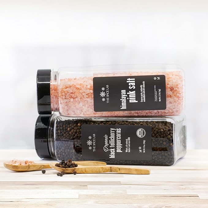 The Spice Lab Pink Himalayan Salt Coarse 2.2 Pound Tub & USDA Organic Tellicherry Peppercorns 18oz Tub - Combo Salt and Pepper Gift Pack - Peppercorns for Grinder