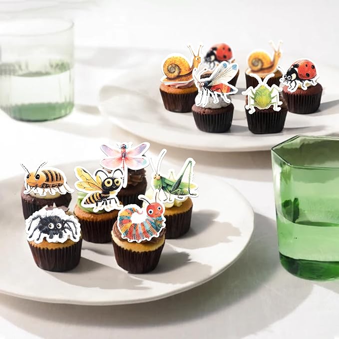 Rsstarxi 60 Pack Edible Insects Cupcake Toppers Rice Paper Dragonfly Ladybird Bee Cupcake Picks for Baby Shower Kids Birthday Party Cake Decorations Supplies