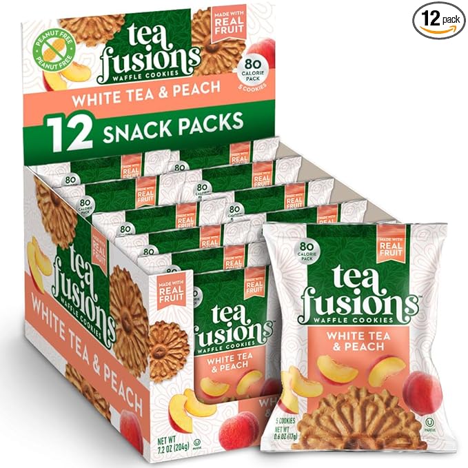 Reko Tea Fusions Waffle Cookies, White Tea & Peach - Individually Wrapped Single Serve Snack Packs - Thin Italian Pizzelles with No Artificial Flavors or Colors - 5 Cookies per Pack, Box of 12