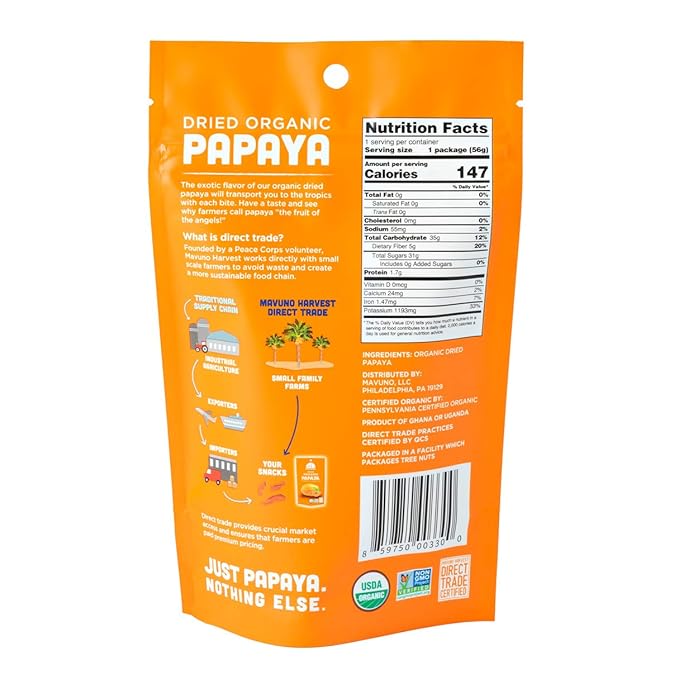 Mavuno Harvest Papaya Dried Fruit Snacks | Organic Dried Papaya Slices | Gluten Free Healthy Snacks for Kids and Adults | No Sugar Added, Vegan, Non GMO, Direct Trade | 2 Ounce, Pack of 3