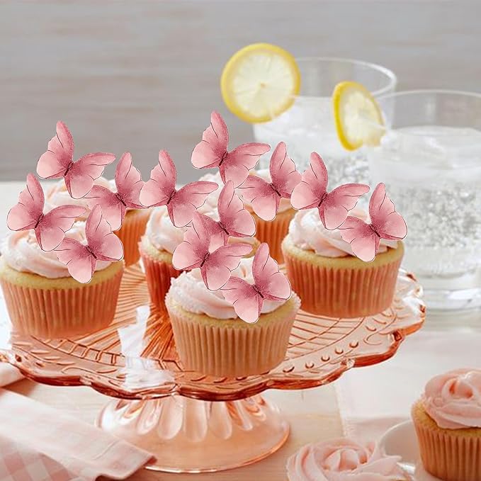 48PCS Edible Cupcake Toppers - Wafer Paper Edible Butterfly Cake Decorations for Butterfly Theme Baby Shower Birthday Wedding Party Supplies - Pink