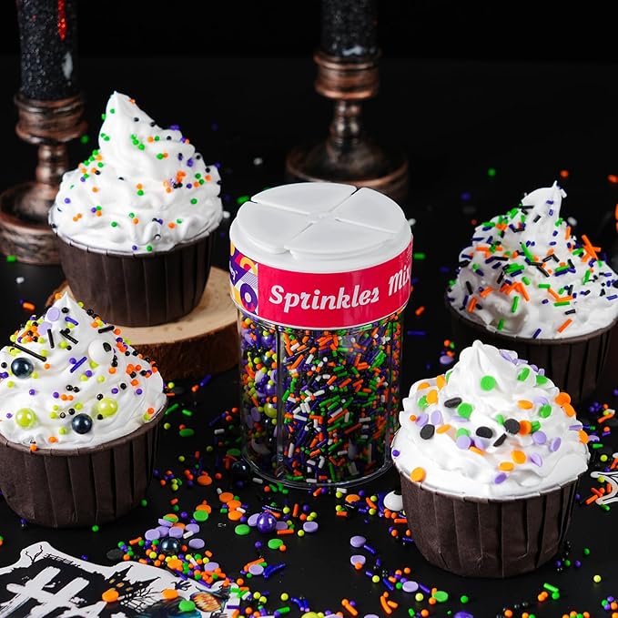 Halloween Sprinkles 4 Cell Edible Candy Eyeball Mix Orange Black Purple Green Sprinkle Jimmies Nonpareils Perfect for Cake Decorations Baking Ice Cream Cookies Cupcake Topper 6.5OZ