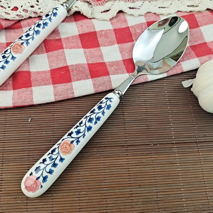 20cm 8inch Dinner Spoon 18-10 Stainless Steel Mirror Smooth Polished Ceramic Handle,Peony Pastoral Whisper Style Table Spoons, SUS304 Soup Spoon (3 PCS Spoons-Peony)