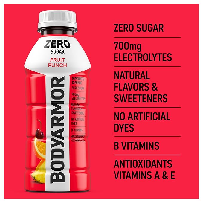 BODYARMOR ZERO Sugar Fruit Punch, Sugar Free Sports Drink - Low-Calorie Hydration - Natural Flavors with Potassium Packed Electrolytes, Antioxidants, and B-vitamins, 16 fl oz (pack of 12)