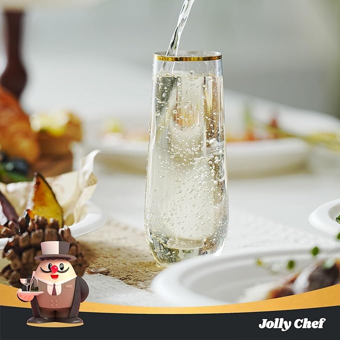 JOLLY CHEF 48 Pack Plastic Champagne Flutes, 9 oz Clear Stemless Champagne Flutes, Plastic Champagne Glasses with Golden Rim, Shatterproof Recyclable Mimosa Glasses for Party Wedding Birthday