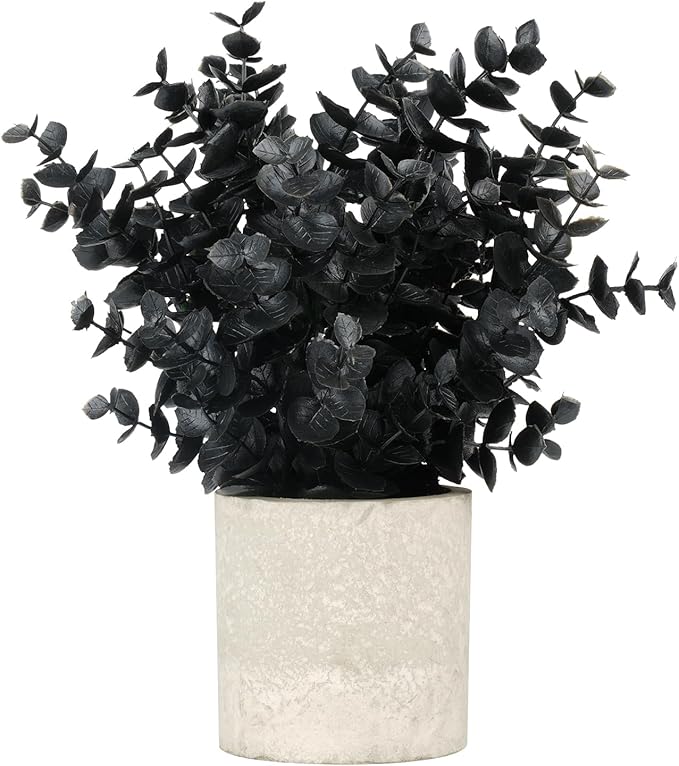 Velener 1 PCS Small Fake Eucalyptus Plant Artificial Potted Plants Indoor for Halloween Decorations Realistic Faux Plant for Office, Bathroom, Living Room, Desk, Shelf, Home Decor (Black)