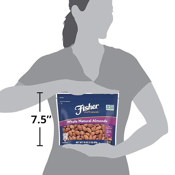 Fisher Chef's Naturals Unsalted Whole Almonds 16oz Resealable Bag, Raw Nuts Perfect for Cooking, Baking & Snacking, Healthy Snacks for Adults, Vegan Protein, Keto Snack, Gluten Free