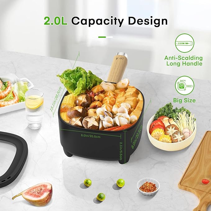 Audecook Hot Pot Electric 2L, Cermic Glaze Non-Stick Frying Pan 8 Inch, Portable Travel Cooker for Ramen/Steak/Fried Rice/Oatmeal/Soup, with Dual Power Control (Silicone Spatula Included)