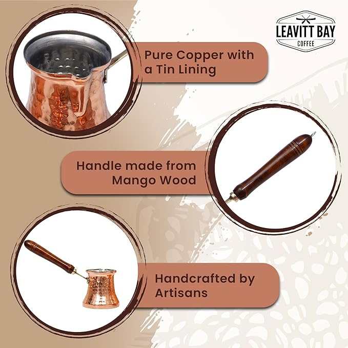Cezve Turkish Coffee Pot - Hammered Copper Turkish Ibrik - Turkish Coffee Maker - Greek Coffee Maker w/Wooden Handle - Traditional Turkish Gifts or Unique Gifts for Coffee Lovers
