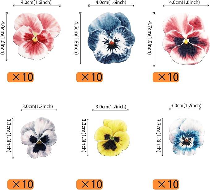 60 PCS Edible Flowers Cupcake Toppers Pansies Spring Edible Flowers Cake Decorations Bridal Shower Wafer Paper Flowers Cupcake Picks for Baby Shower Wedding Engagement Birthday Party Supplies