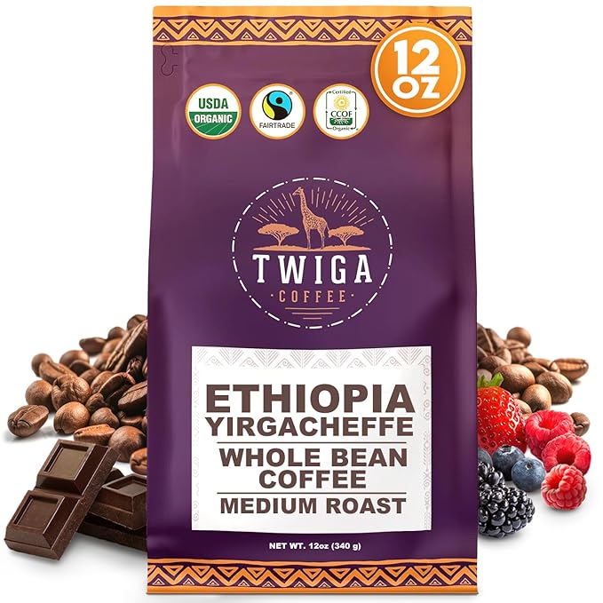 Twiga Coffee Ethiopian Coffee Beans - Ethiopian Yirgacheffe Whole Bean, Organic Medium Roast Arabica with Rich Berry, Chocolate & Floral Flavor Notes, Single Origin, Fresh Roasted in Ethiopia, 12 oz