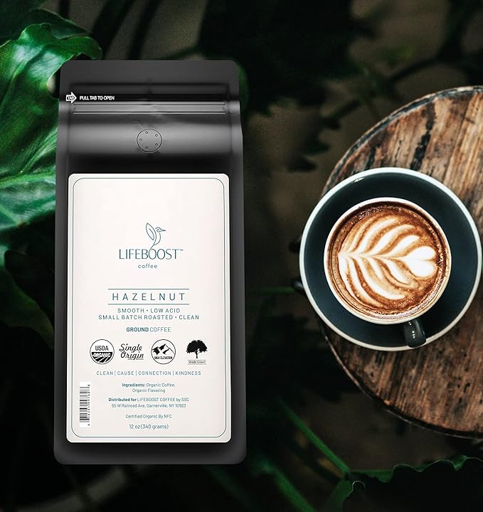 Lifeboost Hazelnut Ground Coffee ??Organic, Low Acid, Non-GMO Hazelnut Flavored Coffee ??Single Origin, Mold-Free Mycotoxin Tested Coffee, 12 oz