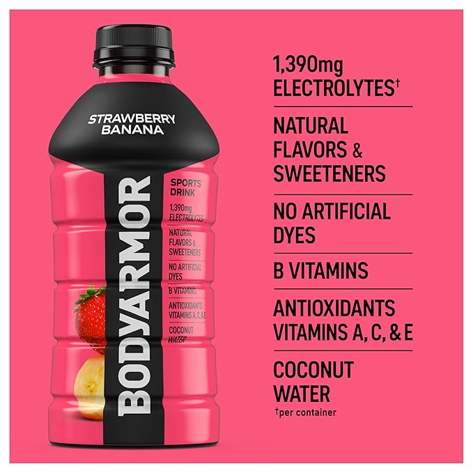 BODYARMOR Sports Drink Sports Beverage, Strawberry Banana, Coconut Water Hydration, Natural Flavors With Vitamins, Potassium-Packed Electrolytes, Perfect For Athletes, 28 Fl Oz (Pack of 15)