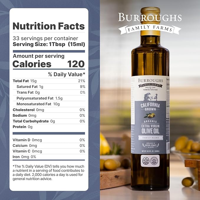 Burroughs Family Farms Premium Organic Extra Virgin Olive Oil ??Cold-Pressed California EVOO, Polyphenol Rich Family Blend ??Regenerative Organic & USDA Certified, Non-GMO, Gluten-Free ??500ml (16.9 fl oz) 2 Glass Bottle