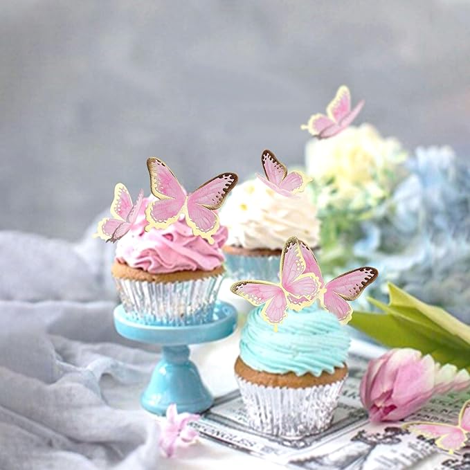 30pcs Pink Gold Edge Mixed Size Lively 3D Waterproof Swllowtail Butterfly Cupcake Topper for Girls Women's Happy Birthday Wedding Party Cake Wall Party Food Decorations