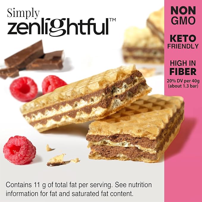 Zenlightful Chocolate Raspberry Wafer Cookies, Low Carb, Low Sugar, Keto Friendly Healthy Snacks, Only 140 Calories, Real Fruit, High Fiber, 12 Count