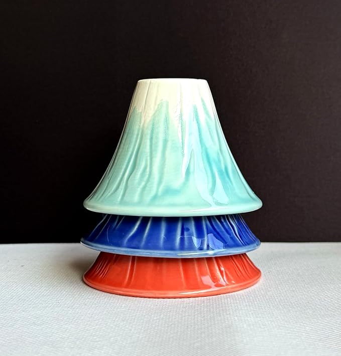 Japanese Sake Cup Mount Fuji Design Wine Soju Porcelain Ochoko Gifts (Blue Red Snow, 3 Ochoko)