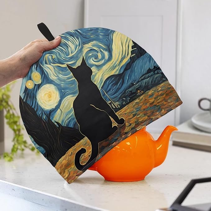 Cute Black Cat Tea Cosy for Teapot Starry Night Customized Teapot Covers Cover with Handle Kitchen Kettle Dust Cover for Keeping Warm Machine Washable Tea Cosy Fabric Quilted Padding