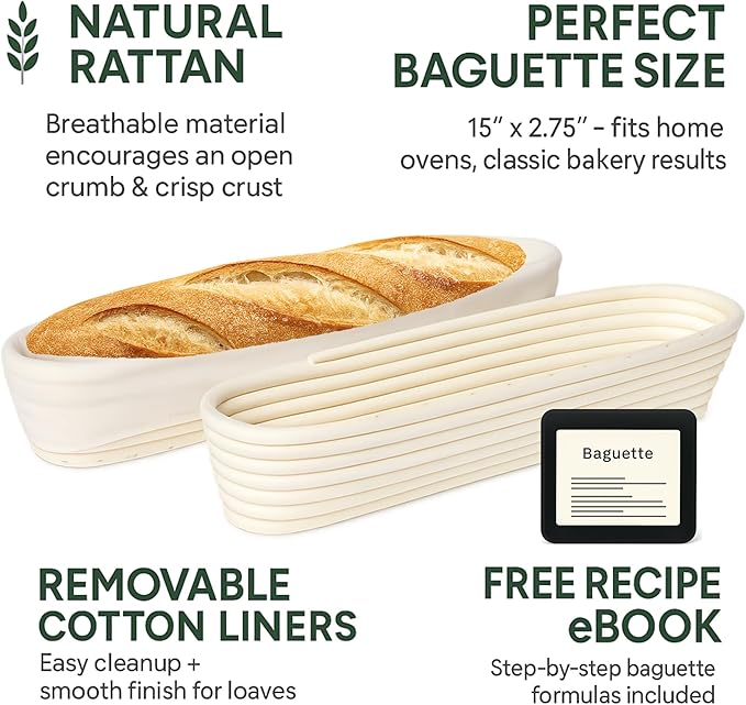 15 Inch Baguette Proofing Basket Set of 2 with Cotton Liners & Baguette Recipe eBook- Handcrafted Natural Rattan Banneton Bread Proofing Baskets for Sourdough- French Bread & Dough Rising