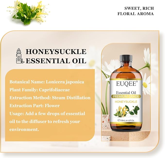 Honeysuckle Essential Oil 118ml Pure Honeysuckle Oil Premium Essential Oil - with Glass Dropper Great for Diffuser, DIY Soap, Candle Making - 4Fl. OZ