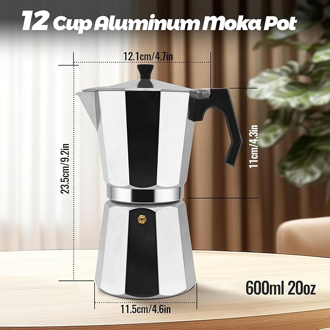 12 Cup Aluminum Moka Pot Classic Stovetop Espresso Coffee Maker 600ml 20oz Coffeemaker Percolator Mocha Pot Greca Coffee Maker Cafe Makers for Italian and Cuban Cafì±?Brewing Silver