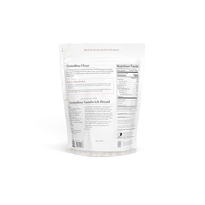 King Arthur Premium Semolina Flour: Coarse Ground, High Protein Durum Wheat for Perfect Pasta, Pizza, and Bread Making - Kosher, 3 lbs Resealable Bag, USA-Grown Wheat, Versatile Baking Ingredient
